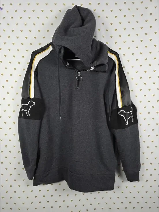 Victorias Secret Pink Rare Embroidered Dog Logo Quarter Zip Hooded Jacket SMALL - Picture 2 of 7